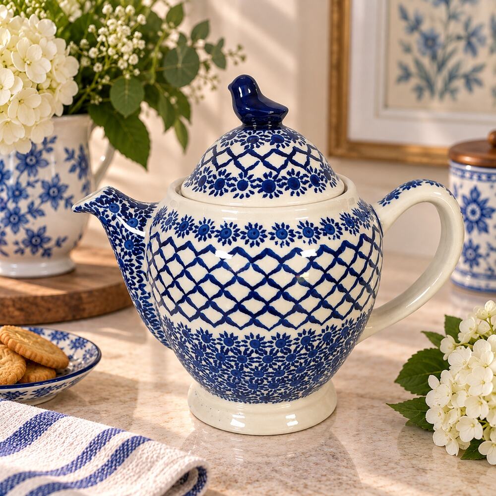 Boleslawiec Polish Pottery Teapot Bird Finial Hand Painted Blue & White Poland